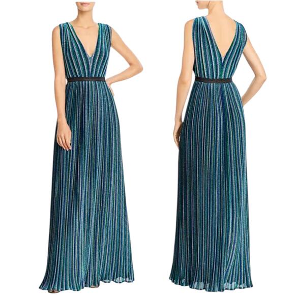 BCBGMaxAzria Metallic Striped Pleated Evening Gown Green Blue Size XXS - Picture 1 of 14